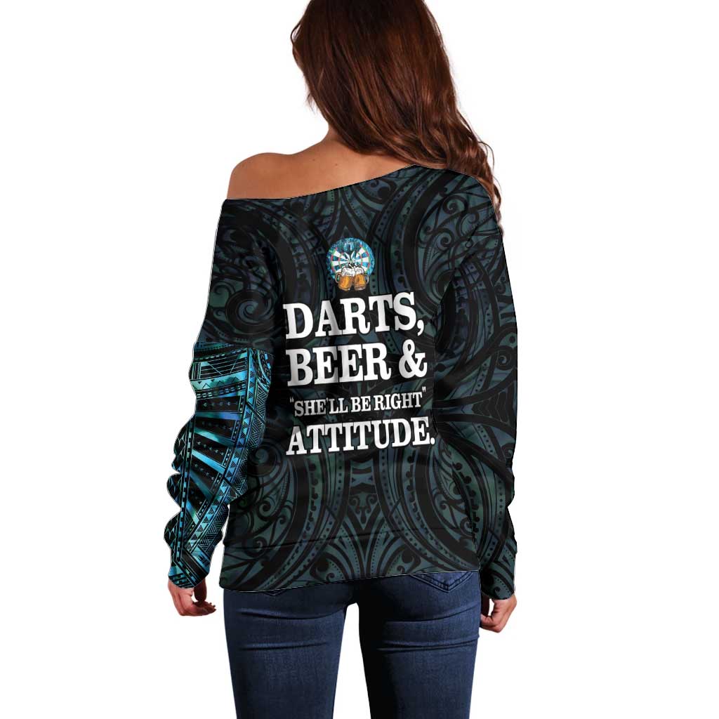 Personalized New Zealand Darts Beer Off Shoulder Sweater Paua Shell Aotearoa Maori Tattoo - Polynesian Pride