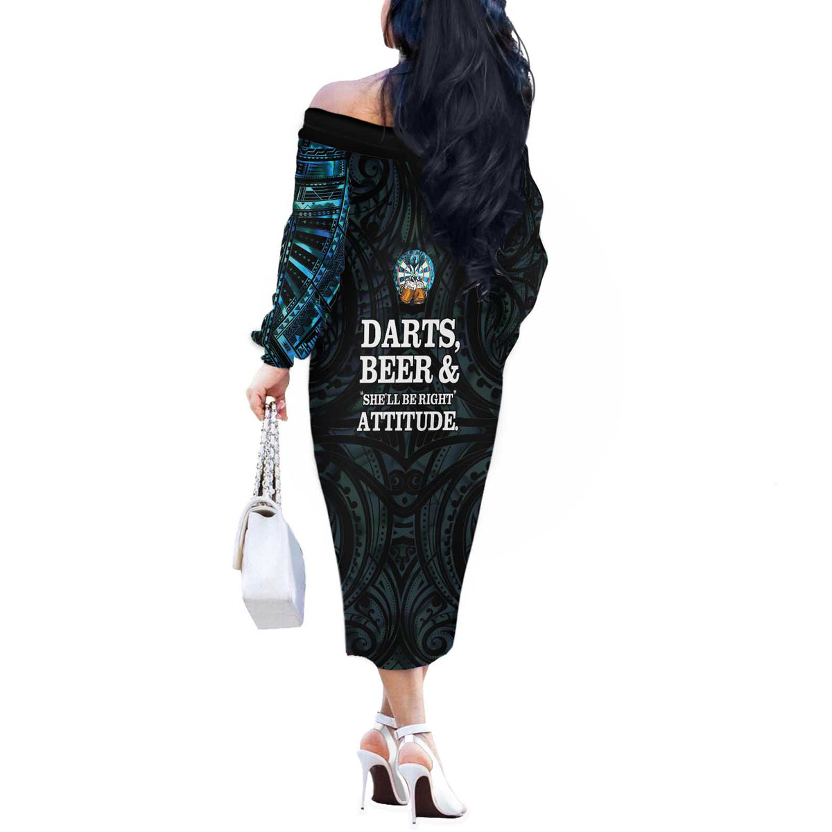 Personalized New Zealand Darts Beer Off The Shoulder Long Sleeve Dress Paua Shell Aotearoa Maori Tattoo - Polynesian Pride