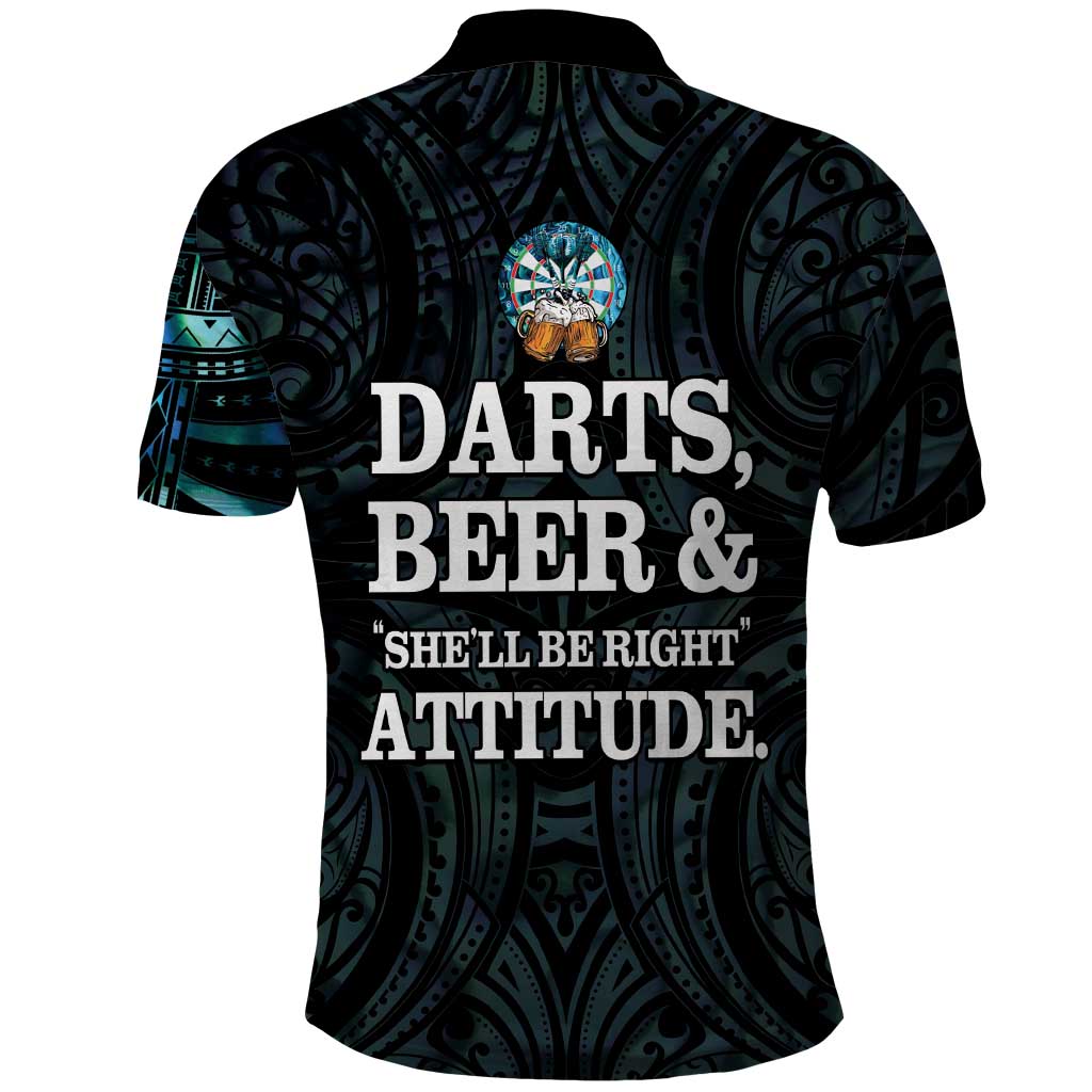 Personalized New Zealand Darts Beer Polo Shirt Paua Shell Aotearoa Maori Tattoo - Polynesian Pride
