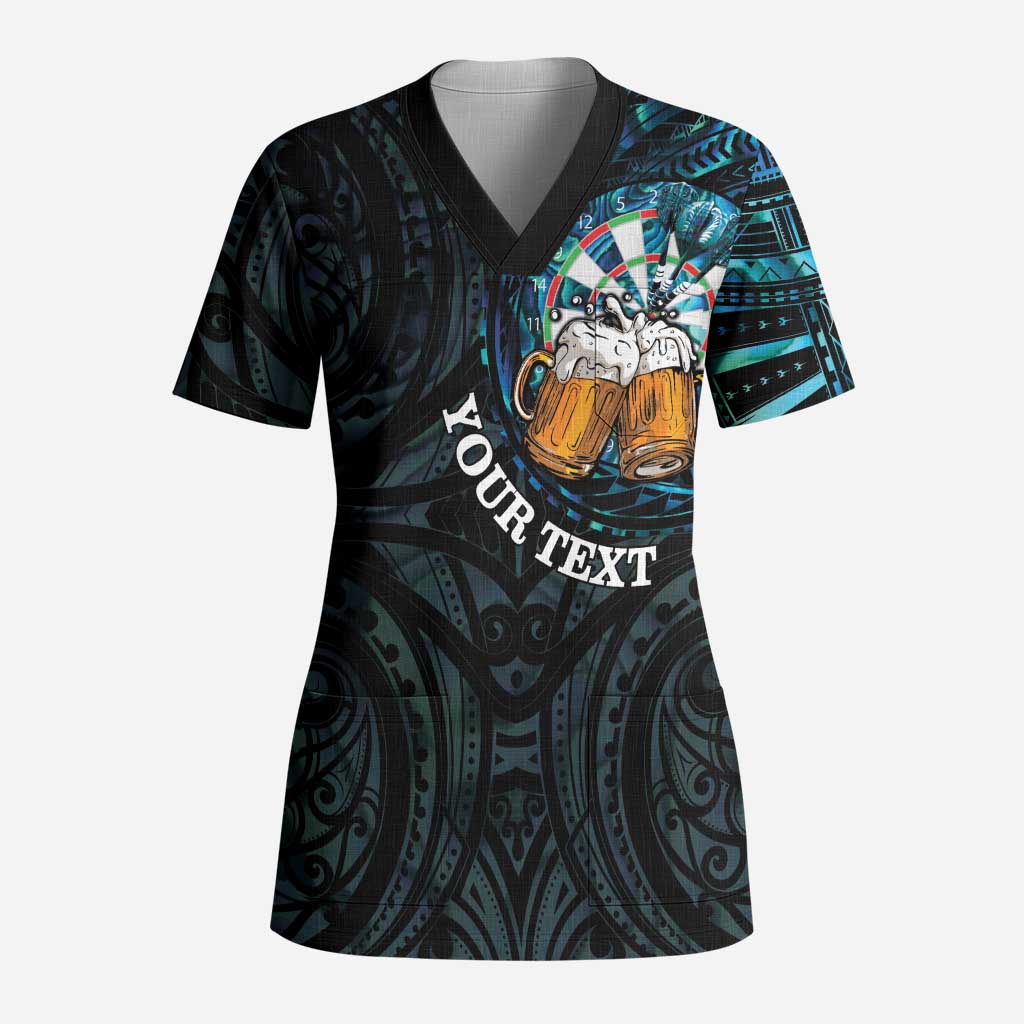 Personalized New Zealand Darts Beer Scrub Top Paua Shell Aotearoa Maori Tattoo - Polynesian Pride