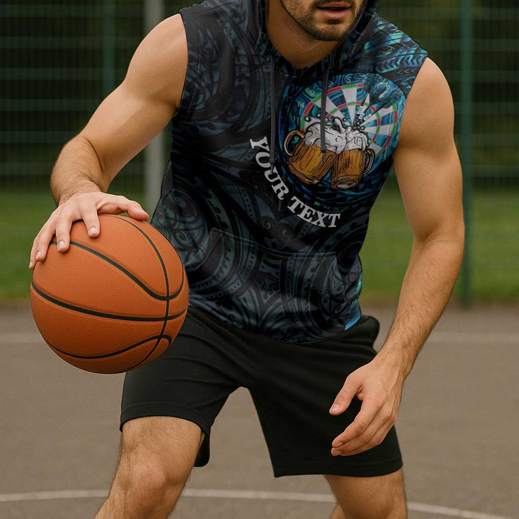 Personalized New Zealand Darts Beer Sleeveless Hoodie Paua Shell Aotearoa Maori Tattoo - Polynesian Pride