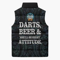 Personalized New Zealand Darts Beer Sleeveless Puffer Jacket Paua Shell Aotearoa Maori Tattoo - Polynesian Pride