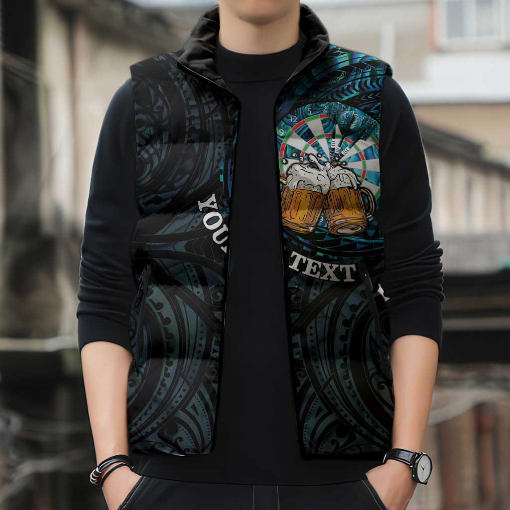 Personalized New Zealand Darts Beer Sleeveless Puffer Jacket Paua Shell Aotearoa Maori Tattoo - Polynesian Pride