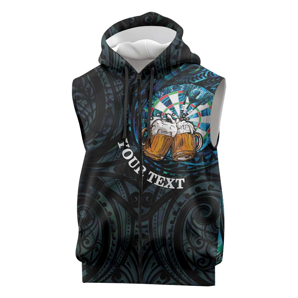 Personalized New Zealand Darts Beer Sleeveless Zip Hoodie Paua Shell Aotearoa Maori Tattoo - Polynesian Pride