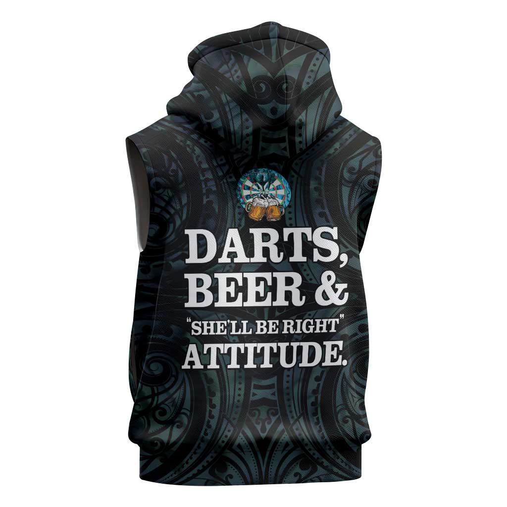Personalized New Zealand Darts Beer Sleeveless Zip Hoodie Paua Shell Aotearoa Maori Tattoo - Polynesian Pride