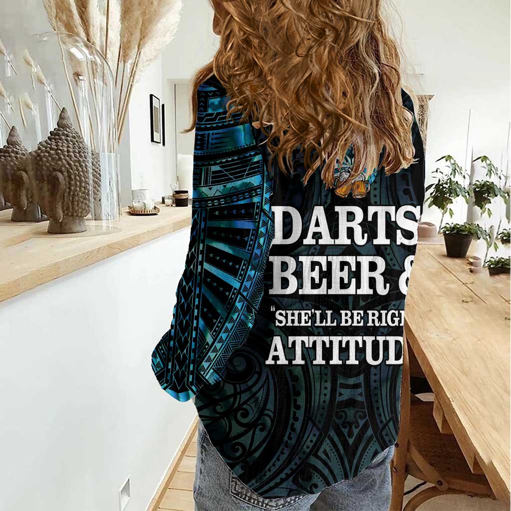 Personalized New Zealand Darts Beer Women Casual Shirt Paua Shell Aotearoa Maori Tattoo - Polynesian Pride