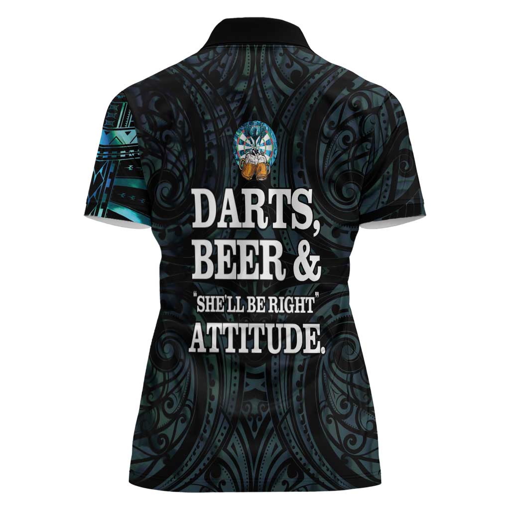 Personalized New Zealand Darts Beer Women Polo Shirt Paua Shell Aotearoa Maori Tattoo - Polynesian Pride