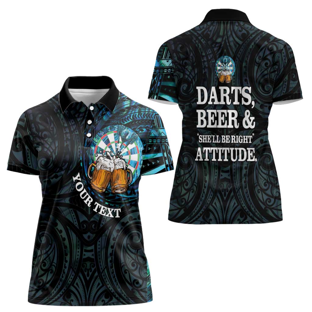 Personalized New Zealand Darts Beer Women Polo Shirt Paua Shell Aotearoa Maori Tattoo - Polynesian Pride