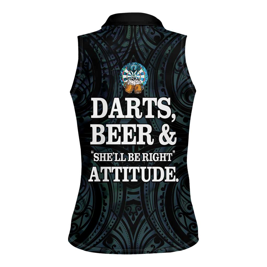 Personalized New Zealand Darts Beer Women Sleeveless Polo Shirt Paua Shell Aotearoa Maori Tattoo - Polynesian Pride