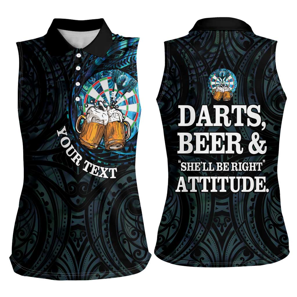 Personalized New Zealand Darts Beer Women Sleeveless Polo Shirt Paua Shell Aotearoa Maori Tattoo - Polynesian Pride