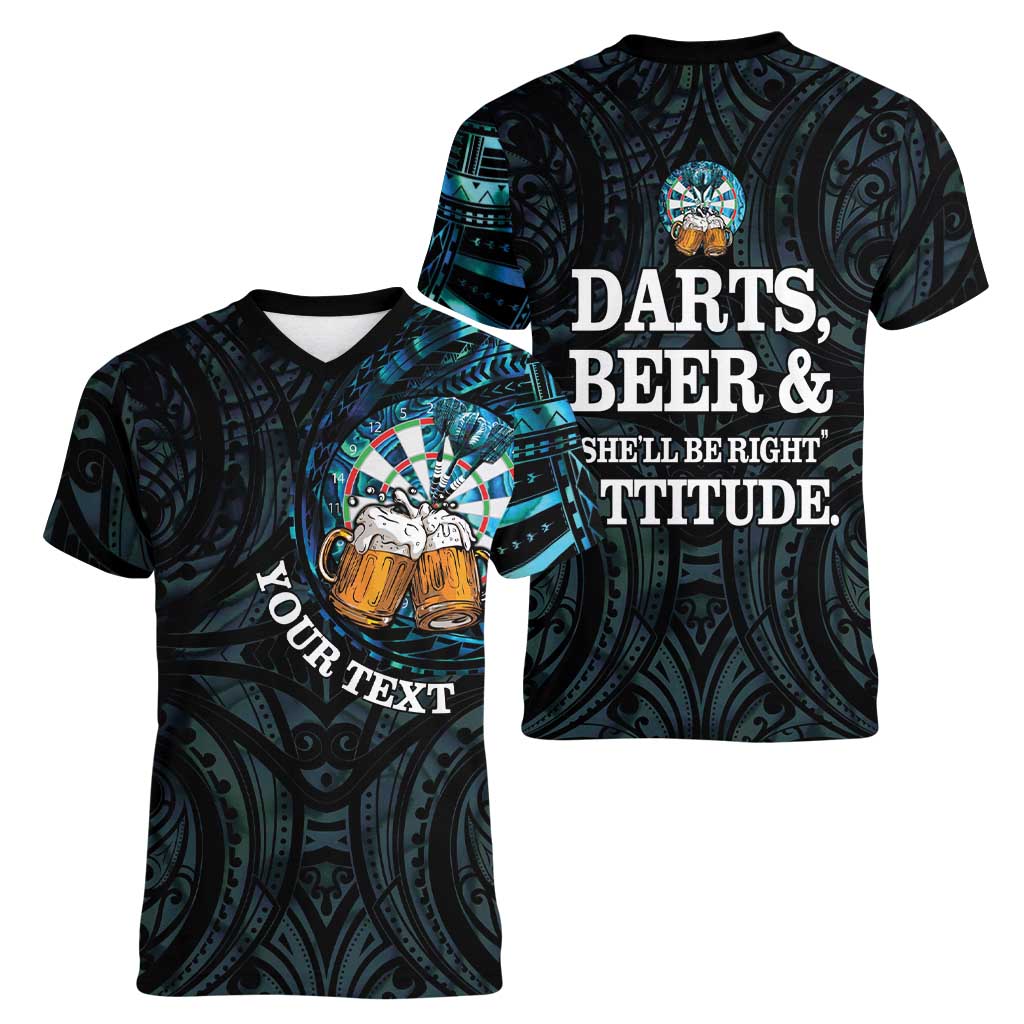 Personalized New Zealand Darts Beer Women V-Neck T-Shirt Paua Shell Aotearoa Maori Tattoo - Polynesian Pride