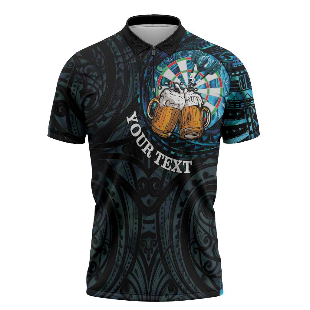 Personalized New Zealand Darts Beer Zipper Polo Shirt Paua Shell Aotearoa Maori Tattoo - Polynesian Pride