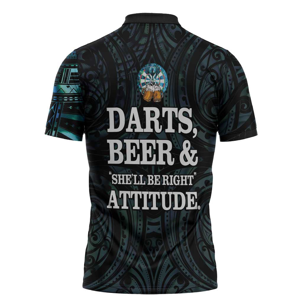 Personalized New Zealand Darts Beer Zipper Polo Shirt Paua Shell Aotearoa Maori Tattoo - Polynesian Pride