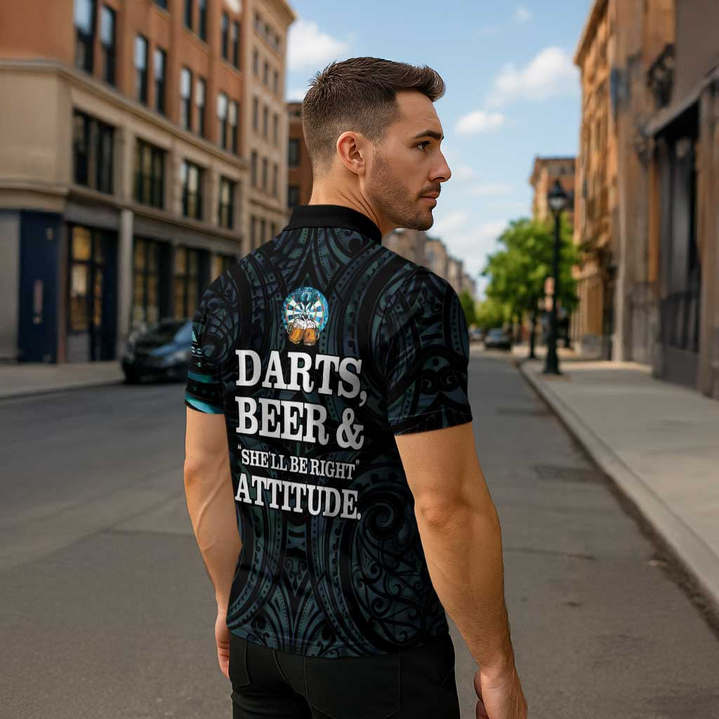 Personalized New Zealand Darts Beer Zipper Polo Shirt Paua Shell Aotearoa Maori Tattoo - Polynesian Pride