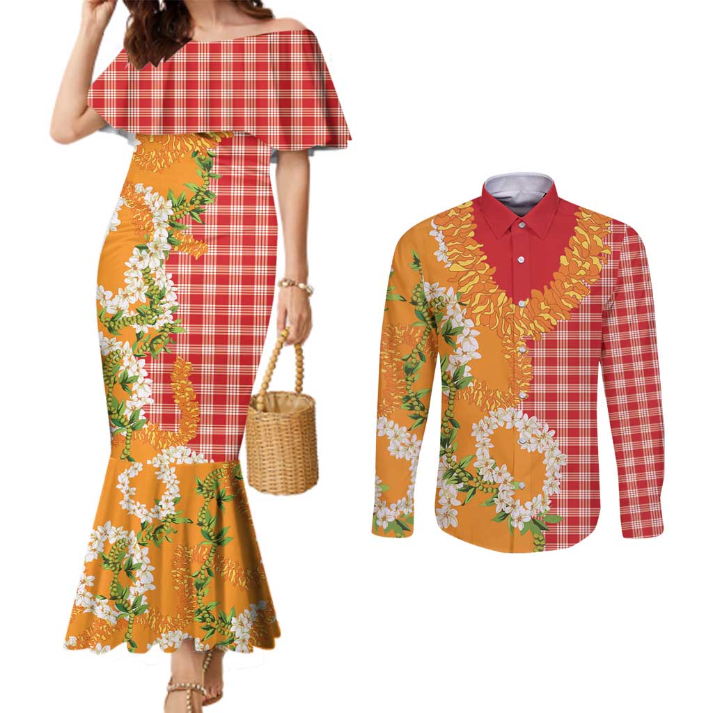 Prince Kuhio Aloha Hawaii Couples Matching Mermaid Dress and Long Sleeve Button Shirt Plumeria Ilima Lei Palaka Motifs