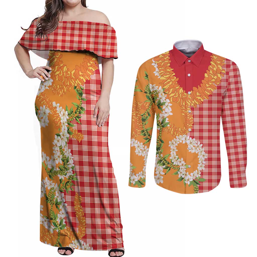 Prince Kuhio Aloha Hawaii Couples Matching Off Shoulder Maxi Dress and Long Sleeve Button Shirt Plumeria Ilima Lei Palaka Motifs