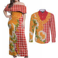 Prince Kuhio Aloha Hawaii Couples Matching Off Shoulder Maxi Dress and Long Sleeve Button Shirt Plumeria Ilima Lei Palaka Motifs
