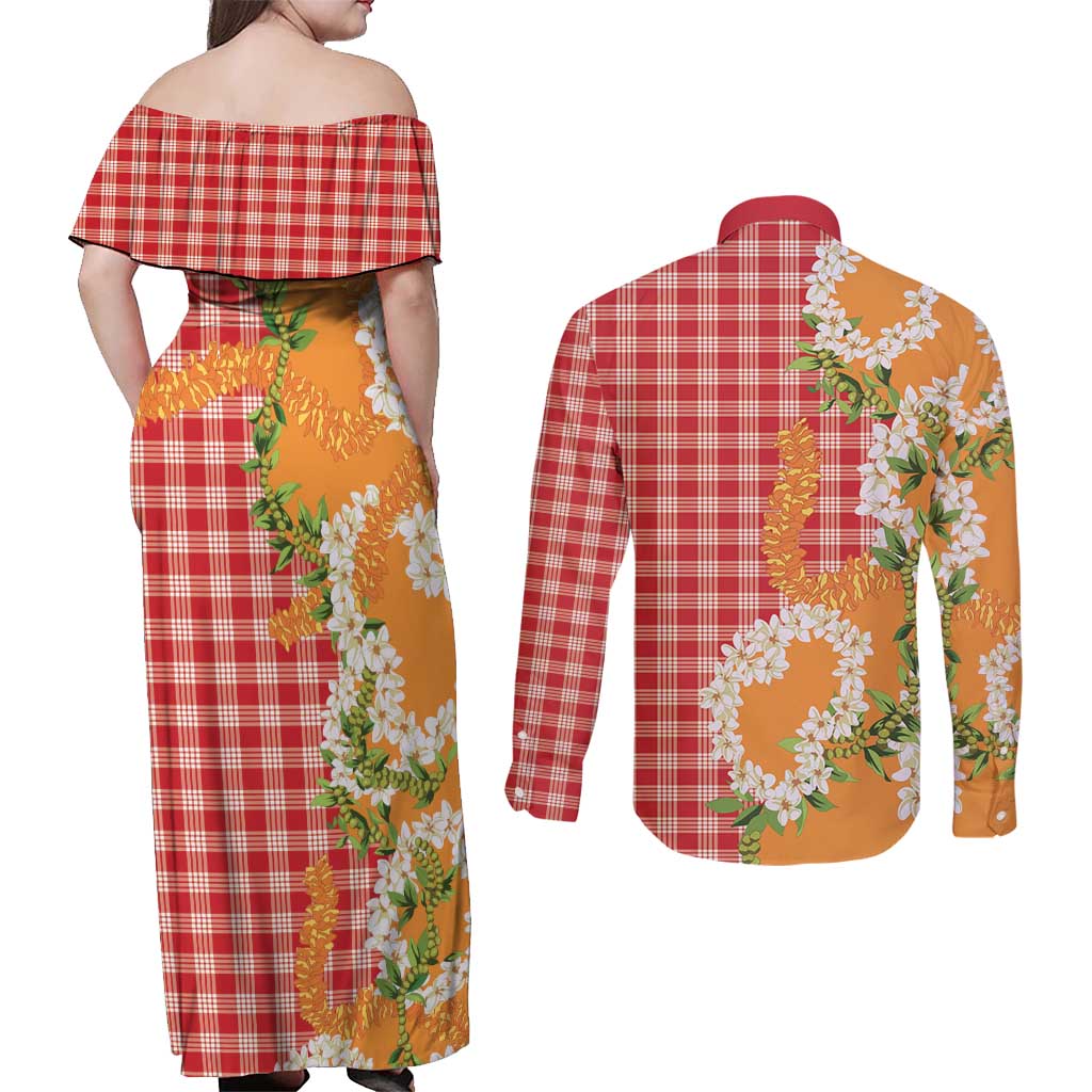 Prince Kuhio Aloha Hawaii Couples Matching Off Shoulder Maxi Dress and Long Sleeve Button Shirt Plumeria Ilima Lei Palaka Motifs