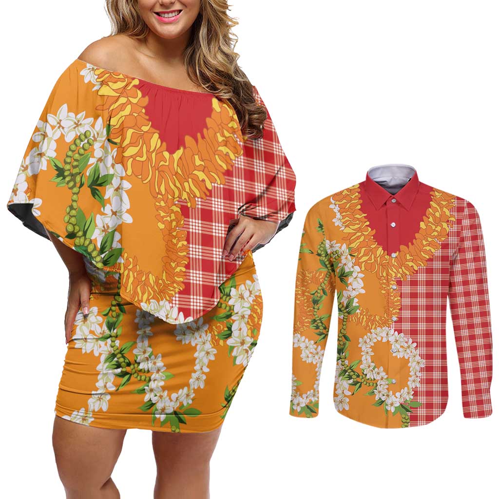 Prince Kuhio Aloha Hawaii Couples Matching Off Shoulder Short Dress and Long Sleeve Button Shirt Plumeria Ilima Lei Palaka Motifs