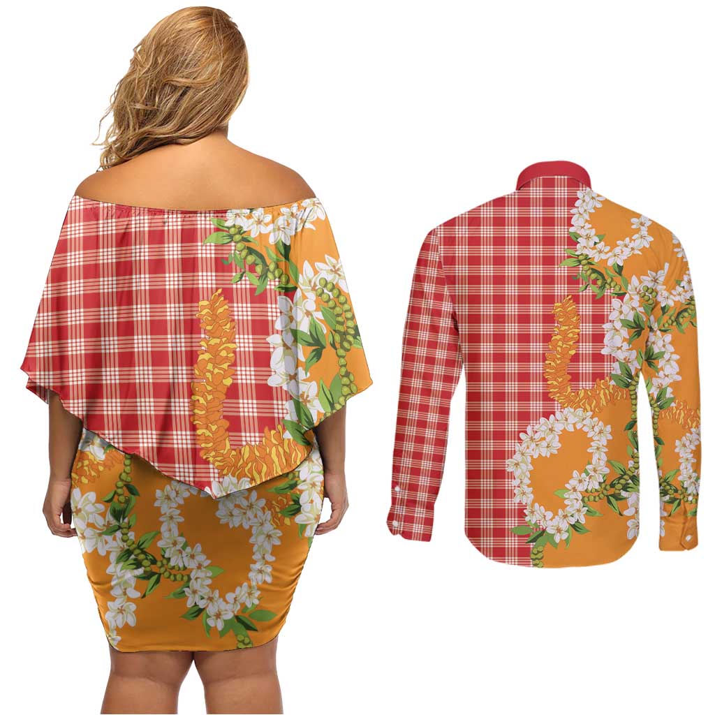 Prince Kuhio Aloha Hawaii Couples Matching Off Shoulder Short Dress and Long Sleeve Button Shirt Plumeria Ilima Lei Palaka Motifs