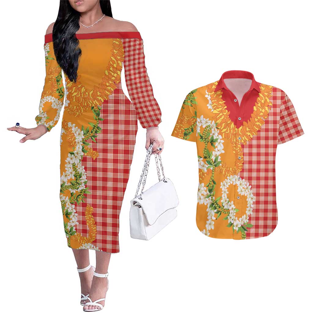 Prince Kuhio Aloha Hawaii Couples Matching Off The Shoulder Long Sleeve Dress and Hawaiian Shirt Plumeria Ilima Lei Palaka Motifs