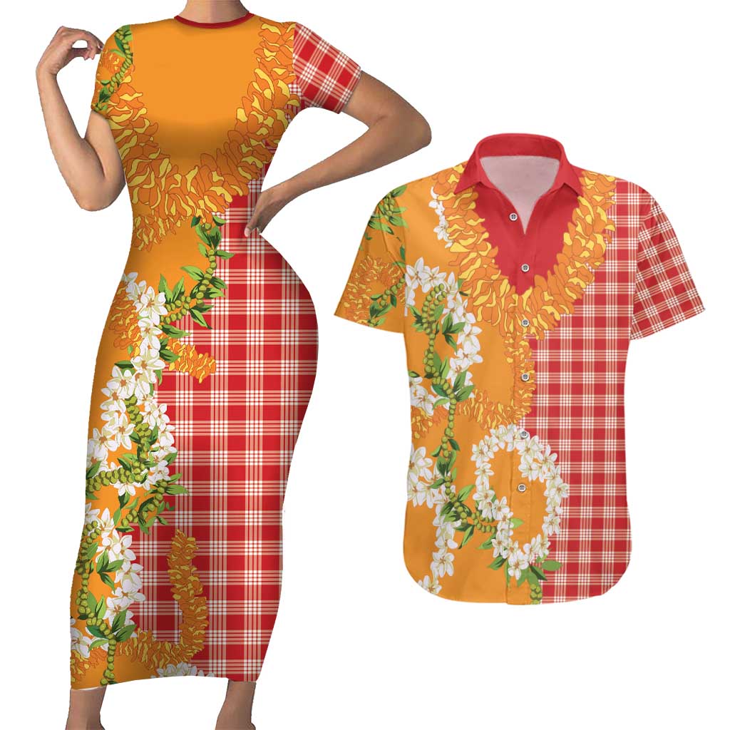 Prince Kuhio Aloha Hawaii Couples Matching Short Sleeve Bodycon Dress and Hawaiian Shirt Plumeria Ilima Lei Palaka Motifs LT14 Red - Polynesian Pride