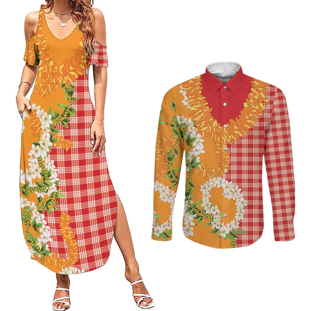 Prince Kuhio Aloha Hawaii Couples Matching Summer Maxi Dress and Long Sleeve Button Shirt Plumeria Ilima Lei Palaka Motifs