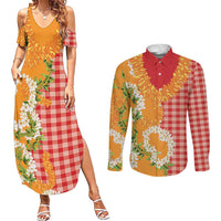Prince Kuhio Aloha Hawaii Couples Matching Summer Maxi Dress and Long Sleeve Button Shirt Plumeria Ilima Lei Palaka Motifs