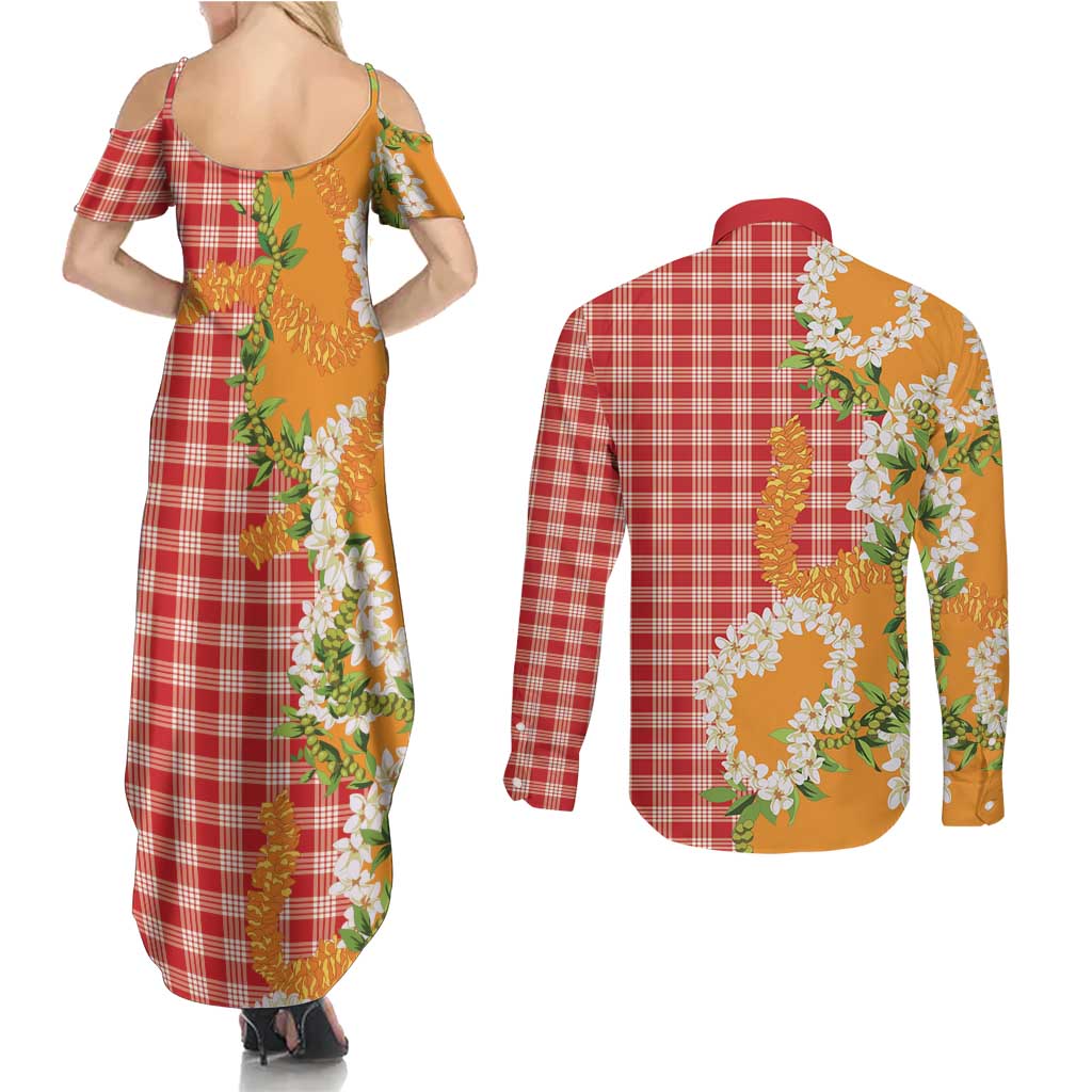 Prince Kuhio Aloha Hawaii Couples Matching Summer Maxi Dress and Long Sleeve Button Shirt Plumeria Ilima Lei Palaka Motifs