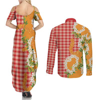 Prince Kuhio Aloha Hawaii Couples Matching Summer Maxi Dress and Long Sleeve Button Shirt Plumeria Ilima Lei Palaka Motifs