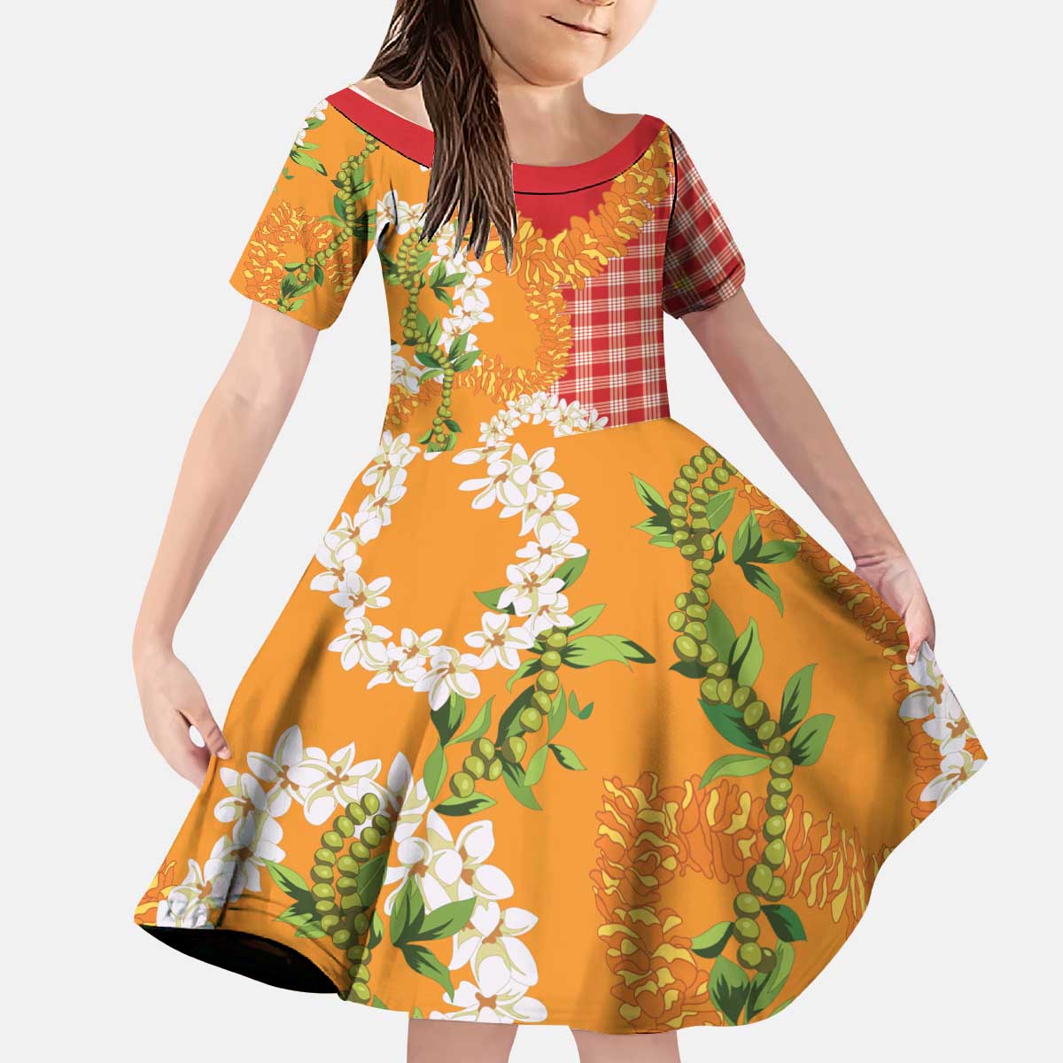 Prince Kuhio Aloha Hawaii Kid Short Sleeve Dress Plumeria Ilima Lei Palaka Motifs
