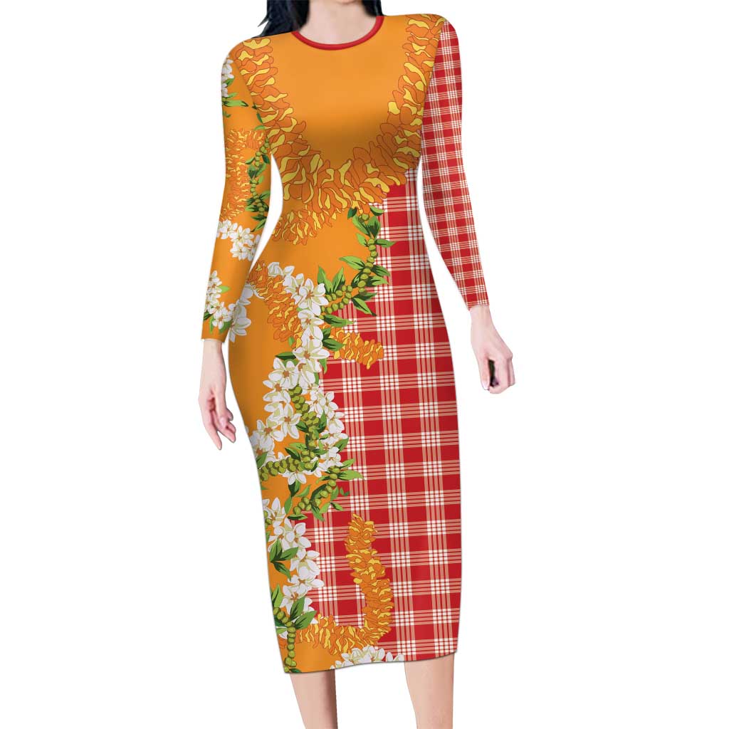 Prince Kuhio Aloha Hawaii Long Sleeve Bodycon Dress Plumeria Ilima Lei Palaka Motifs