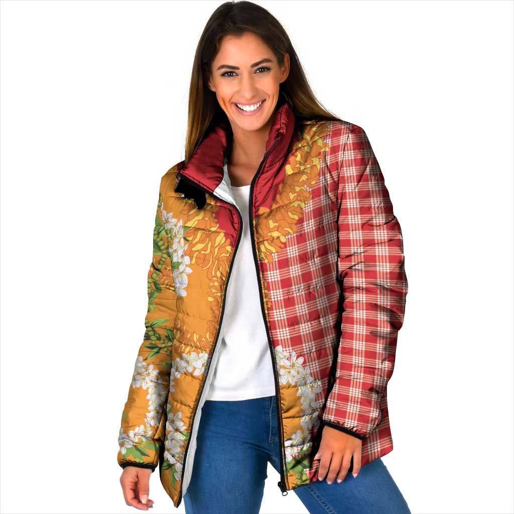 Prince Kuhio Aloha Hawaii Padded Jacket Plumeria Ilima Lei Palaka Motifs LT14 Women Red - Polynesian Pride