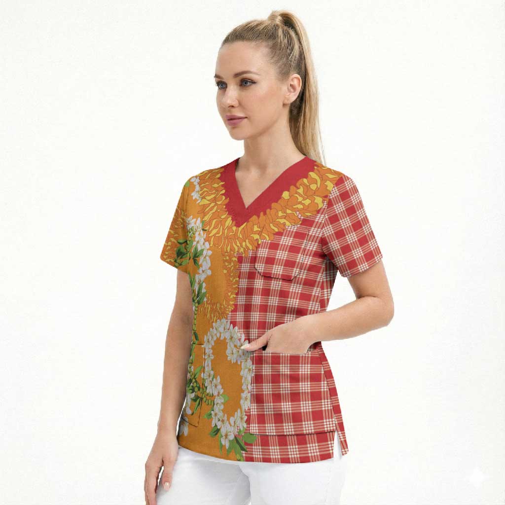 Prince Kuhio Aloha Hawaii Scrub Top Plumeria Ilima Lei Palaka Motifs LT14 - Polynesian Pride