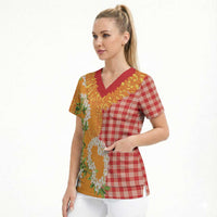 Prince Kuhio Aloha Hawaii Scrub Top Plumeria Ilima Lei Palaka Motifs LT14 - Polynesian Pride