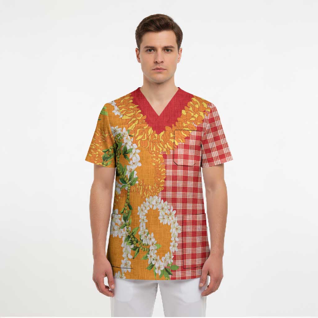 Prince Kuhio Aloha Hawaii Scrub Top Plumeria Ilima Lei Palaka Motifs LT14 - Polynesian Pride