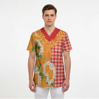 Prince Kuhio Aloha Hawaii Scrub Top Plumeria Ilima Lei Palaka Motifs LT14 - Polynesian Pride