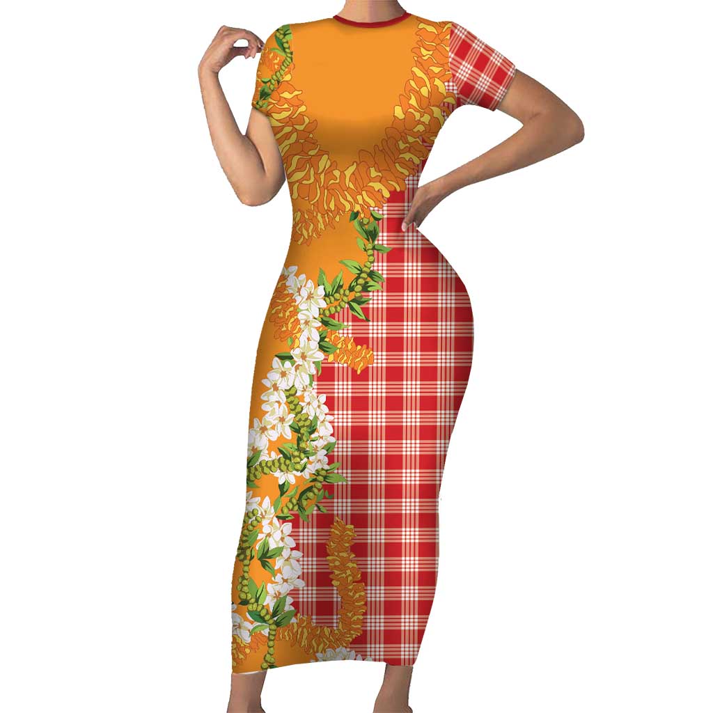Prince Kuhio Aloha Hawaii Short Sleeve Bodycon Dress Plumeria Ilima Lei Palaka Motifs