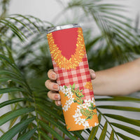 Prince Kuhio Aloha Hawaii Skinny Tumbler Plumeria Ilima Lei Palaka Motifs
