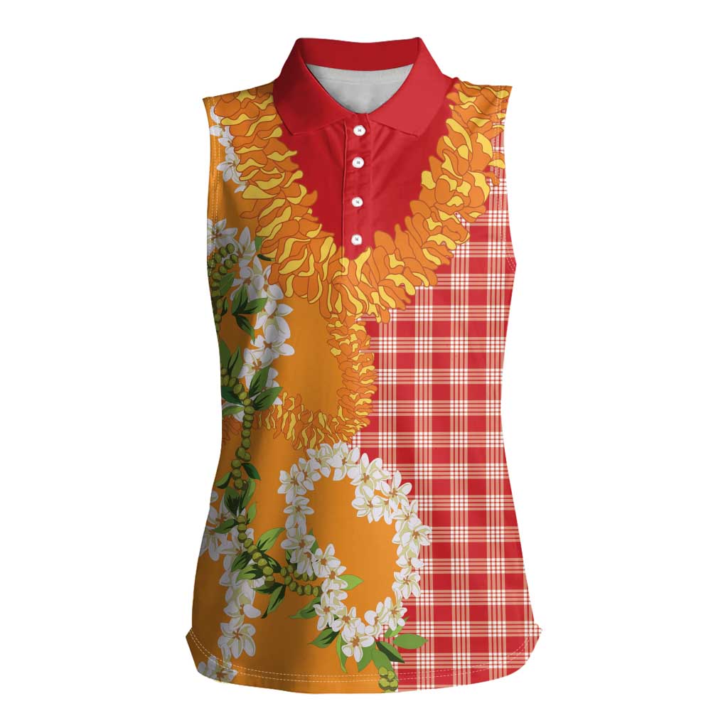 Prince Kuhio Aloha Hawaii Women Sleeveless Polo Shirt Plumeria Ilima Lei Palaka Motifs