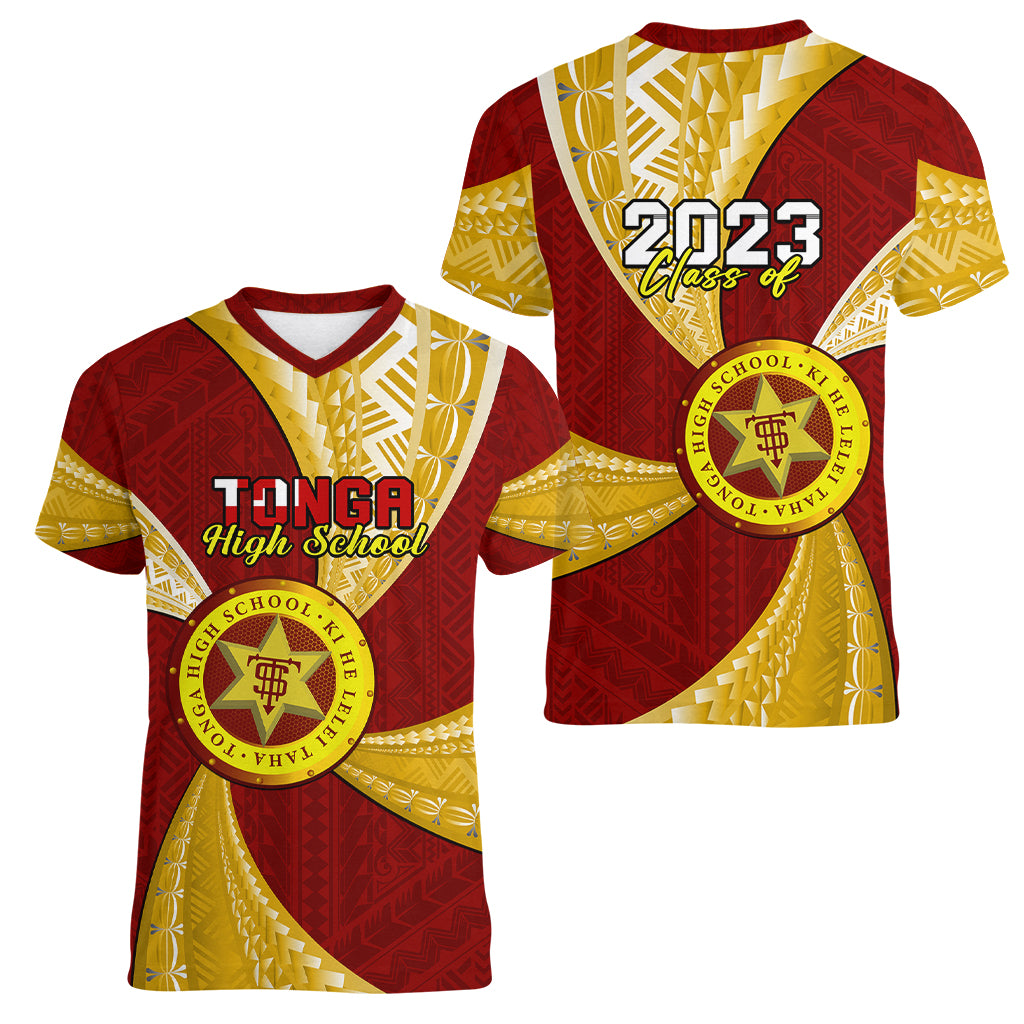 Personalised Tonga High School Women V Neck T Shirt Class Of Year Tongan Ngatu Pattern LT14 - Polynesian Pride