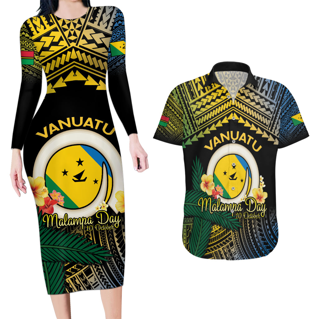 Personalised Malampa Day Couples Matching Long Sleeve Bodycon Dress and Hawaiian Shirt Vanuatu Provinces Polynesian Pattern