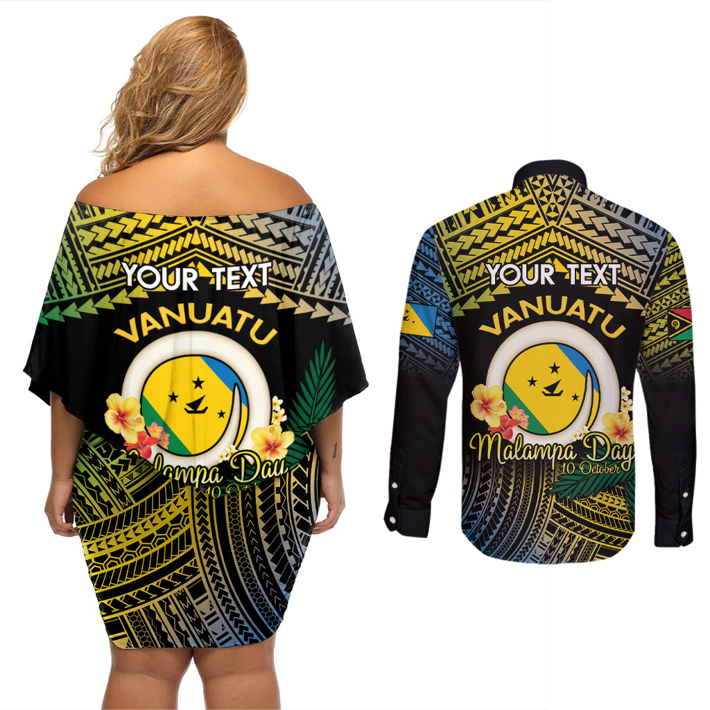 Personalised Malampa Day Couples Matching Off Shoulder Short Dress and Long Sleeve Button Shirt Vanuatu Provinces Polynesian Pattern