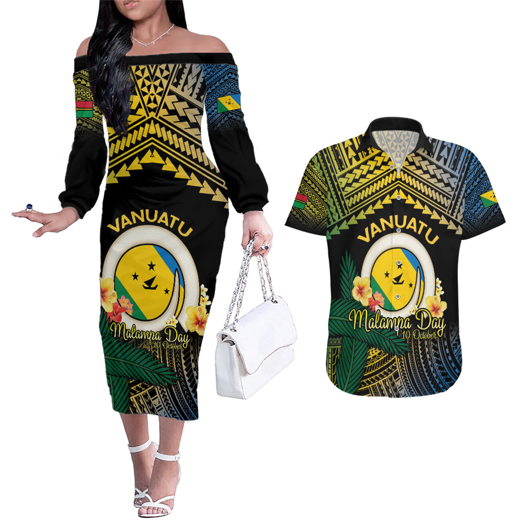 Personalised Malampa Day Couples Matching Off The Shoulder Long Sleeve Dress and Hawaiian Shirt Vanuatu Provinces Polynesian Pattern
