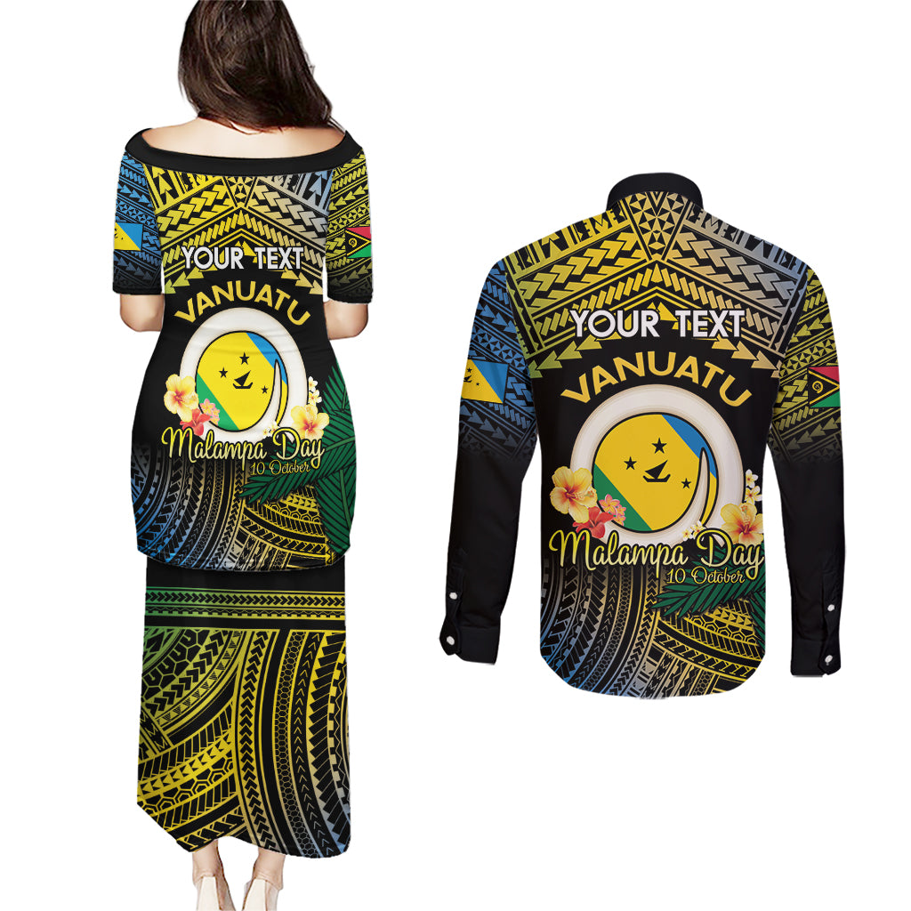 Personalised Malampa Day Couples Matching Puletasi and Long Sleeve Button Shirt Vanuatu Provinces Polynesian Pattern