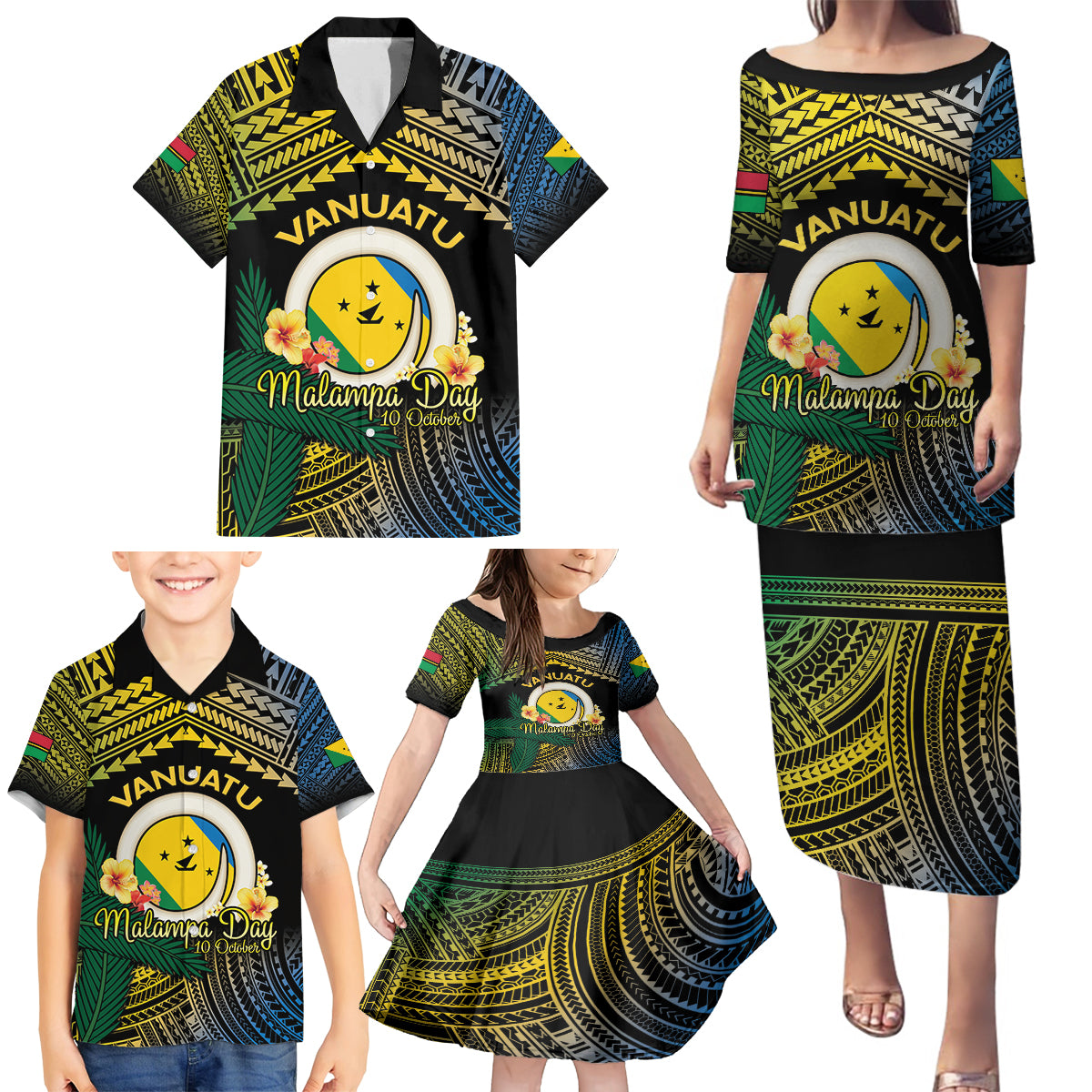 Personalised Malampa Day Family Matching Puletasi and Hawaiian Shirt Vanuatu Provinces Polynesian Pattern