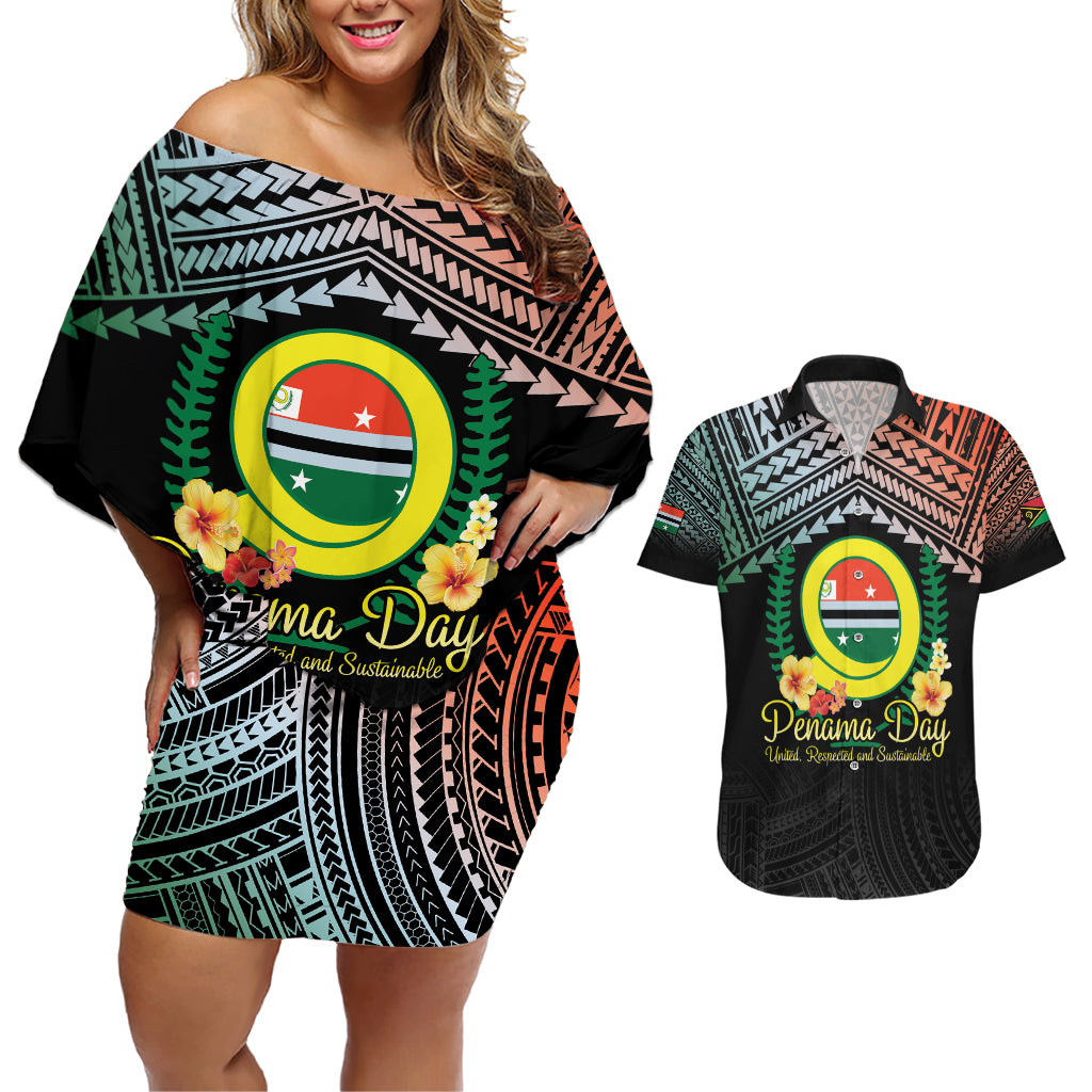 Personalised Penama Day Couples Matching Off Shoulder Short Dress and Hawaiian Shirt Vanuatu Provinces Polynesian Pattern