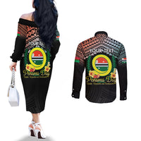 Personalised Penama Day Couples Matching Off The Shoulder Long Sleeve Dress and Long Sleeve Button Shirt Vanuatu Provinces Polynesian Pattern