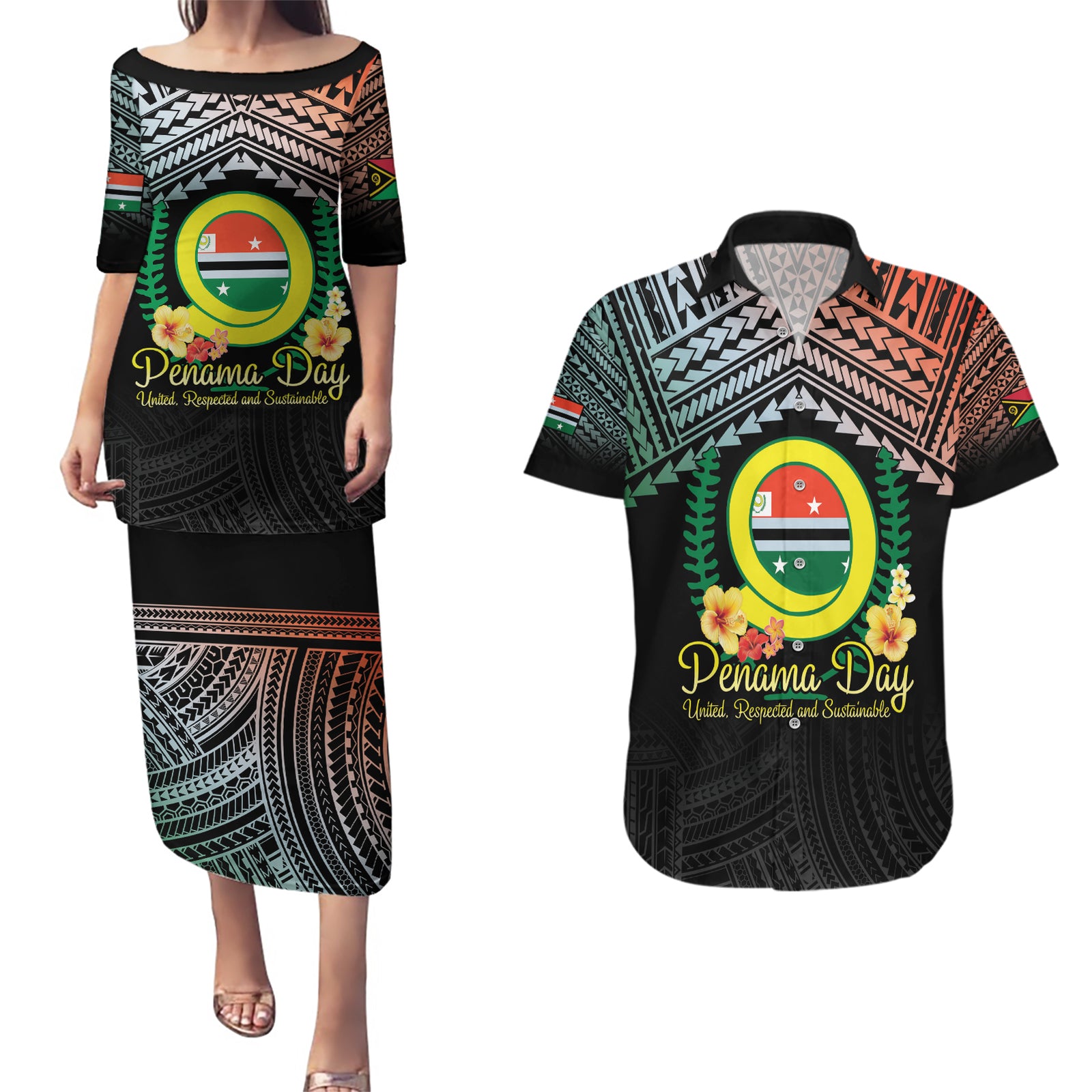 Personalised Penama Day Couples Matching Puletasi and Hawaiian Shirt Vanuatu Provinces Polynesian Pattern