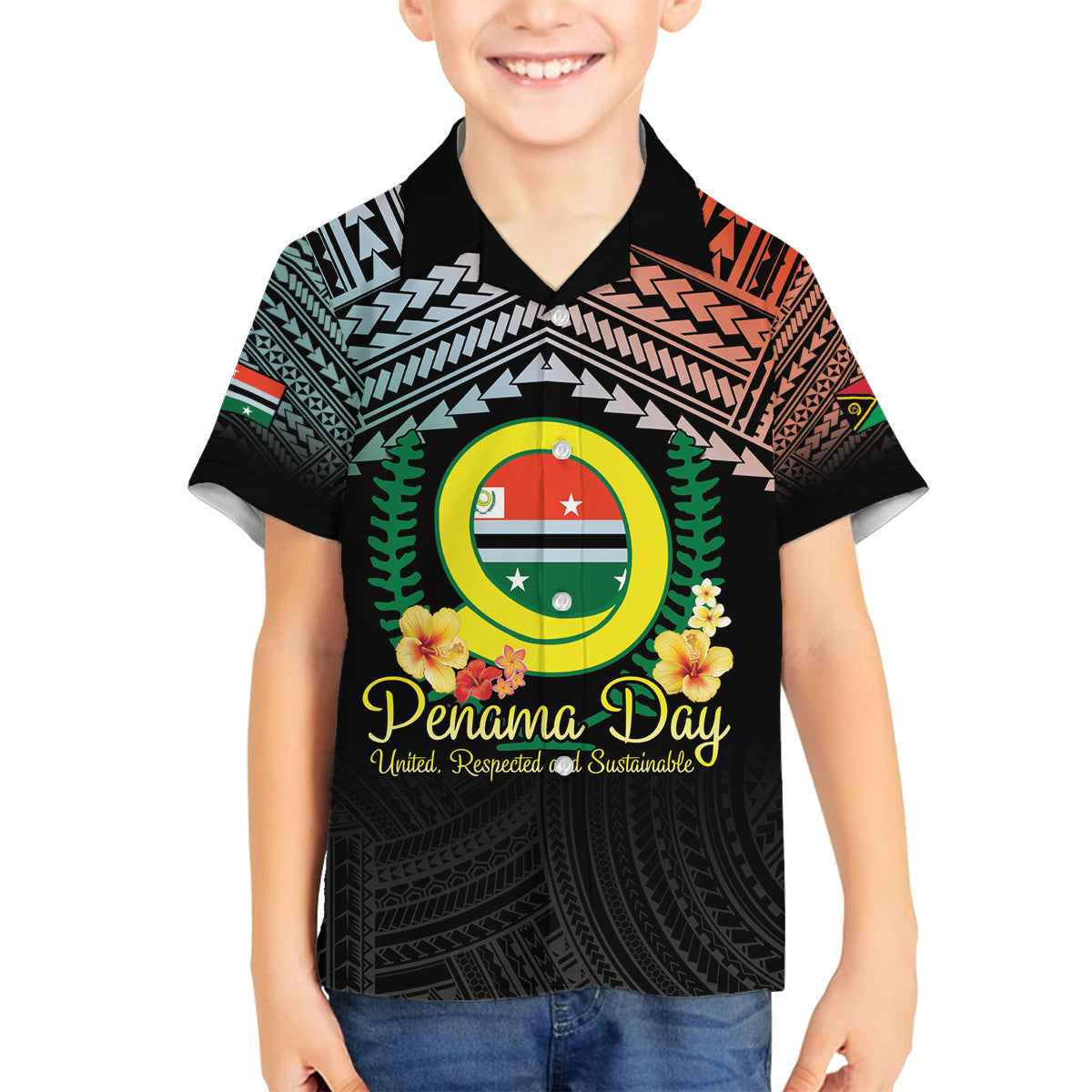 Personalised Penama Day Family Matching Off The Shoulder Long Sleeve Dress and Hawaiian Shirt Vanuatu Provinces Polynesian Pattern